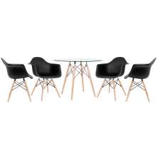 Mesa redonda Eames com tampo de vidro 100 cm + 4 cadeiras Eiffel DAW Preto