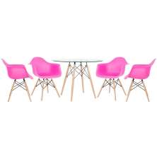 Mesa redonda Eames com tampo de vidro 100 cm + 4 cadeiras Eiffel DAW Rosa pink