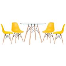 Mesa redonda Eames com tampo de vidro 100 cm + 4 cadeiras Eiffel DSW Amarelo