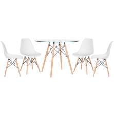 Mesa redonda Eames com tampo de vidro 100 cm + 4 cadeiras Eiffel DSW Branco