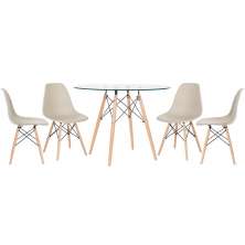Mesa redonda Eames com tampo de vidro 100 cm + 4 cadeiras Eiffel DSW Nude