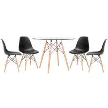 Mesa redonda Eames com tampo de vidro 100 cm + 4 cadeiras Eiffel DSW Preto