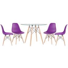 Mesa redonda Eames com tampo de vidro 100 cm + 4 cadeiras Eiffel DSW Roxo