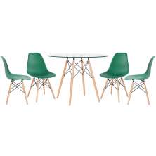 Mesa redonda Eames com tampo de vidro 100 cm + 4 cadeiras Eiffel DSW Verde escuro