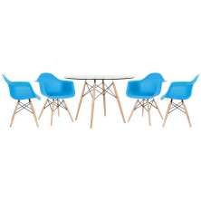 Mesa redonda Eames com tampo de vidro 120 cm + 4 cadeiras Eiffel DAW Azul céu