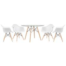 Mesa redonda Eames com tampo de vidro 120 cm + 4 cadeiras Eiffel DAW Branco