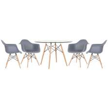Mesa redonda Eames com tampo de vidro 120 cm + 4 cadeiras Eiffel DAW Cinza escuro