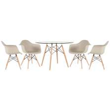 Mesa redonda Eames com tampo de vidro 120 cm + 4 cadeiras Eiffel DAW Nude