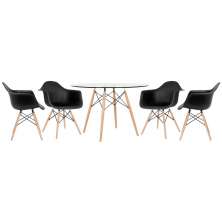 Mesa redonda Eames com tampo de vidro 120 cm + 4 cadeiras Eiffel DAW Preto