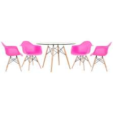 Mesa redonda Eames com tampo de vidro 120 cm + 4 cadeiras Eiffel DAW Rosa pink