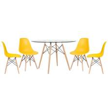 Mesa redonda Eames com tampo de vidro 120 cm + 4 cadeiras Eiffel DSW Amarelo