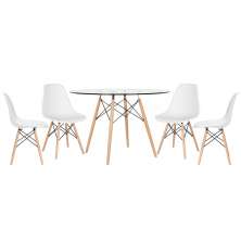 Mesa redonda Eames com tampo de vidro 120 cm + 4 cadeiras Eiffel DSW Branco