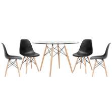 Mesa redonda Eames com tampo de vidro 120 cm + 4 cadeiras Eiffel DSW Preto