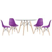 Mesa redonda Eames com tampo de vidro 120 cm + 4 cadeiras Eiffel DSW Roxo