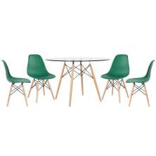 Mesa redonda Eames com tampo de vidro 120 cm + 4 cadeiras Eiffel DSW Verde Escuro