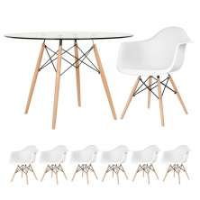 Mesa redonda Eames com tampo de vidro 120 cm + 6 cadeiras Eiffel DAW Branco
