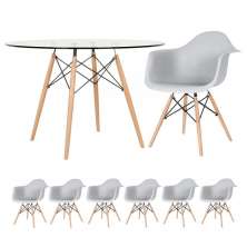 Mesa redonda Eames com tampo de vidro 120 cm + 6 cadeiras Eiffel DAW Cinza claro