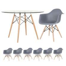 Mesa redonda Eames com tampo de vidro 120 cm + 6 cadeiras Eiffel DAW Cinza escuro