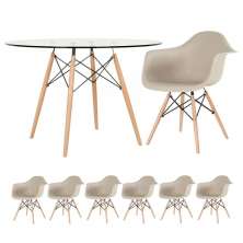 Mesa redonda Eames com tampo de vidro 120 cm + 6 cadeiras Eiffel DAW Nude