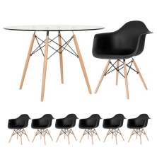 Mesa redonda Eames com tampo de vidro 120 cm + 6 cadeiras Eiffel DAW Preto