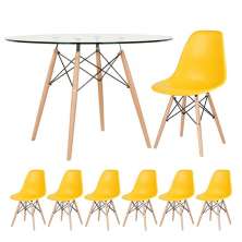 Mesa redonda Eames com tampo de vidro 120 cm + 6 cadeiras Eiffel DSW Amarelo
