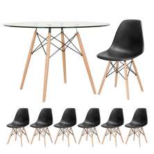 Mesa redonda Eames com tampo de vidro 120 cm + 6 cadeiras Eiffel DSW Preto