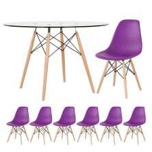 Mesa redonda Eames com tampo de vidro 120 cm + 6 cadeiras Eiffel DSW Roxo