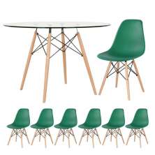 Mesa redonda Eames com tampo de vidro 120 cm + 6 cadeiras Eiffel DSW Verde escuro