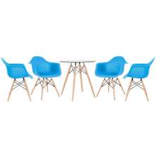 Mesa redonda Eames com tampo de vidro 70 cm + 4 cadeiras Eiffel DAW Azul céu