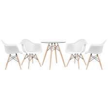 Mesa redonda Eames com tampo de vidro 70 cm + 4 cadeiras Eiffel DAW Branco