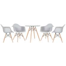 Mesa redonda Eames com tampo de vidro 70 cm + 4 cadeiras Eiffel DAW Cinza claro