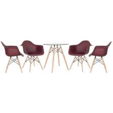 Mesa redonda Eames com tampo de vidro 70 cm + 4 cadeiras Eiffel DAW Marrom