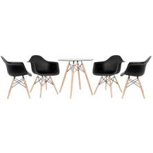 Mesa redonda Eames com tampo de vidro 70 cm + 4 cadeiras Eiffel DAW Preto