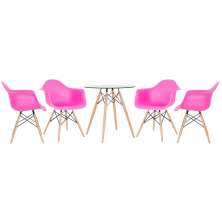 Mesa redonda Eames com tampo de vidro 70 cm + 4 cadeiras Eiffel DAW Rosa pink