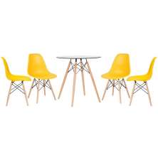 Mesa redonda Eames com tampo de vidro 70 cm + 4 cadeiras Eiffel DSW Amarelo