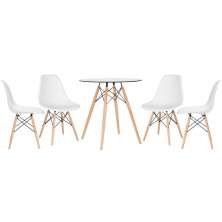 Mesa redonda Eames com tampo de vidro 70 cm + 4 cadeiras Eiffel DSW Branco