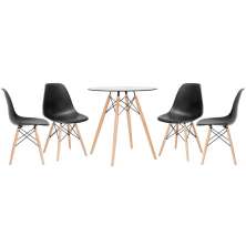 Mesa redonda Eames com tampo de vidro 70 cm + 4 cadeiras Eiffel DSW Preto