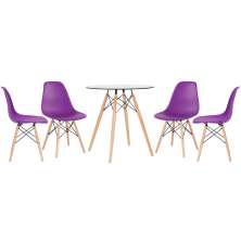 Mesa redonda Eames com tampo de vidro 70 cm + 4 cadeiras Eiffel DSW Roxo