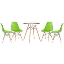 Mesa redonda Eames com tampo de vidro 70 cm + 4 cadeiras Eiffel DSW Verde claro