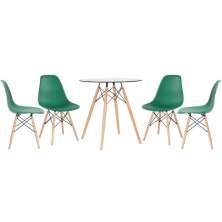 Mesa redonda Eames com tampo de vidro 70 cm + 4 cadeiras Eiffel DSW Verde escuro