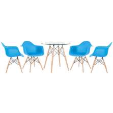 Mesa redonda Eames com tampo de vidro 80 cm + 4 cadeiras Eiffel DAW Azul céu