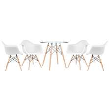 Mesa redonda Eames com tampo de vidro 80 cm + 4 cadeiras Eiffel DAW Branco