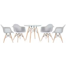 Mesa redonda Eames com tampo de vidro 80 cm + 4 cadeiras Eiffel DAW Cinza claro