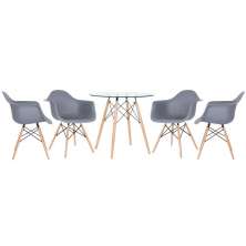 Mesa redonda Eames com tampo de vidro 80 cm + 4 cadeiras Eiffel DAW Cinza escuro