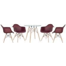 Mesa redonda Eames com tampo de vidro 80 cm + 4 cadeiras Eiffel DAW Marrom