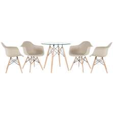 Mesa redonda Eames com tampo de vidro 80 cm + 4 cadeiras Eiffel DAW Nude