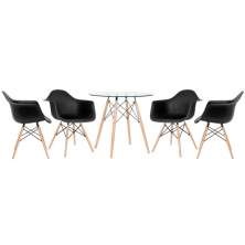 Mesa redonda Eames com tampo de vidro 80 cm + 4 cadeiras Eiffel DAW Preto
