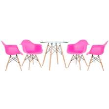 Mesa redonda Eames com tampo de vidro 80 cm + 4 cadeiras Eiffel DAW Rosa pink