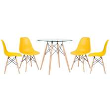 Mesa redonda Eames com tampo de vidro 80 cm + 4 cadeiras Eiffel DSW Amarelo