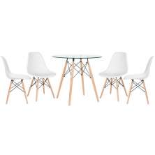 Mesa redonda Eames com tampo de vidro 80 cm + 4 cadeiras Eiffel DSW Branco
